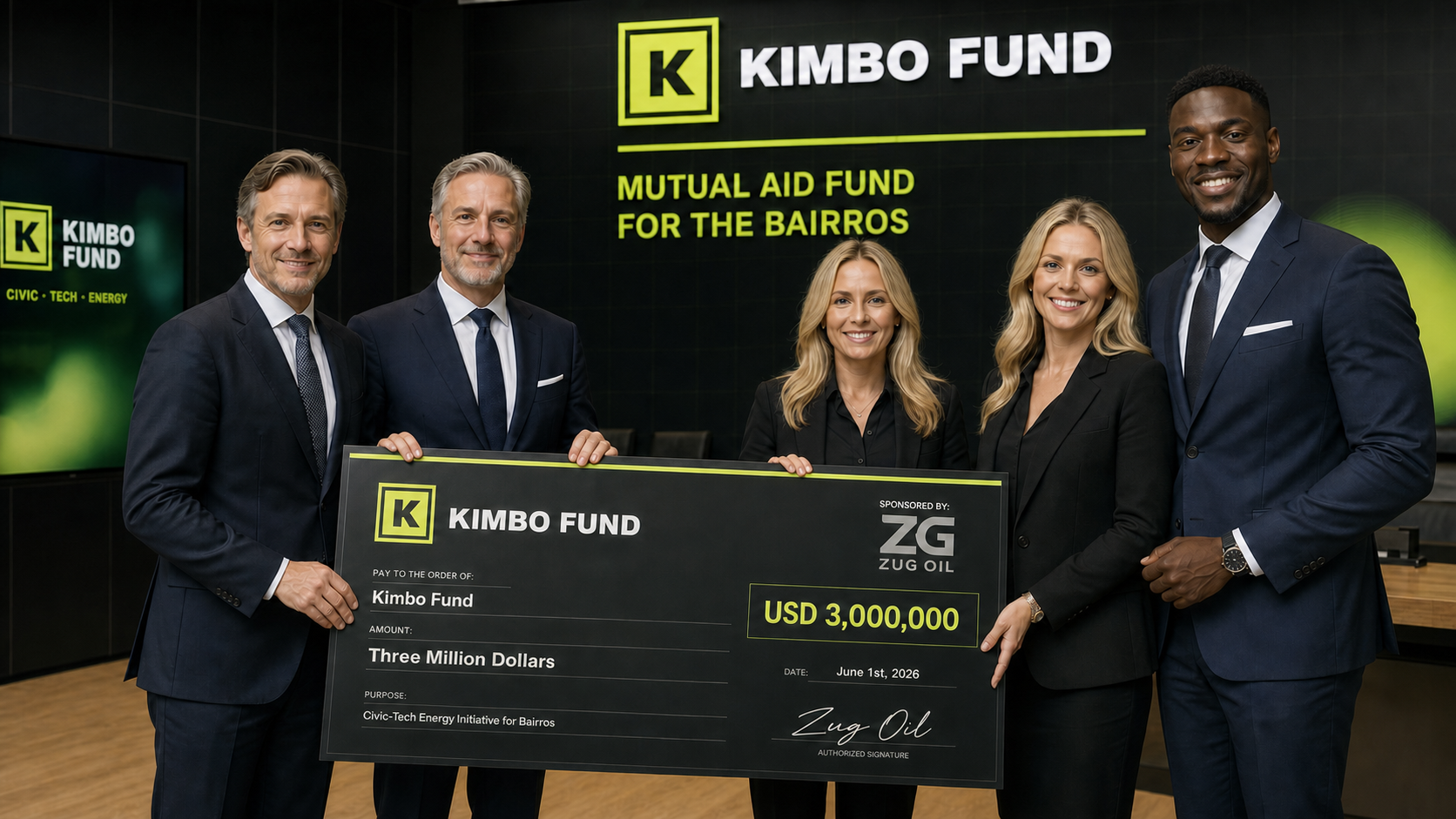 Zug Oil and Kimbo Fund sponsor handover visual for the Mutual Aid Fund for the Bairros